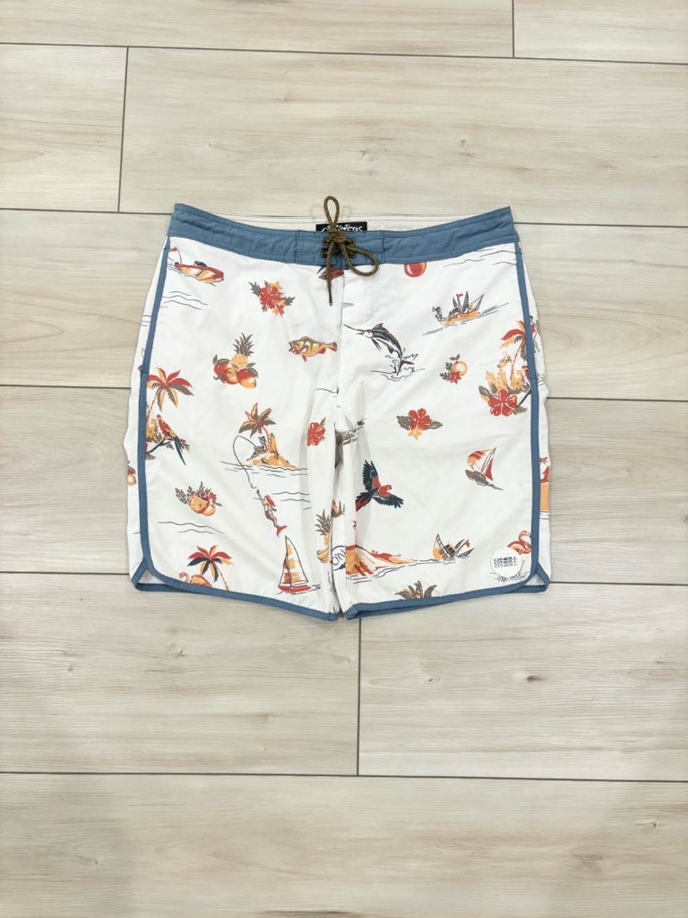 O'Neill White Tropical Print Swim Shorts with Blue Trim